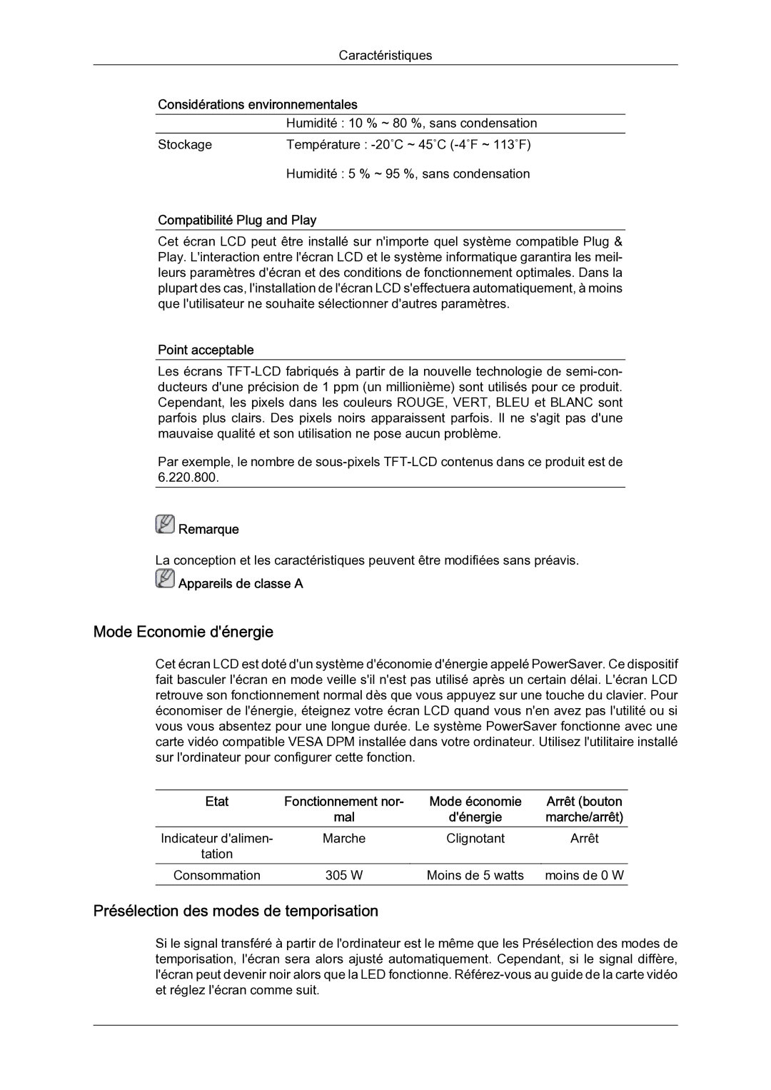 Samsung LH46BLTQWC/EN manual Mode Economie dénergie, Présélection des modes de temporisation, Compatibilité Plug and Play 