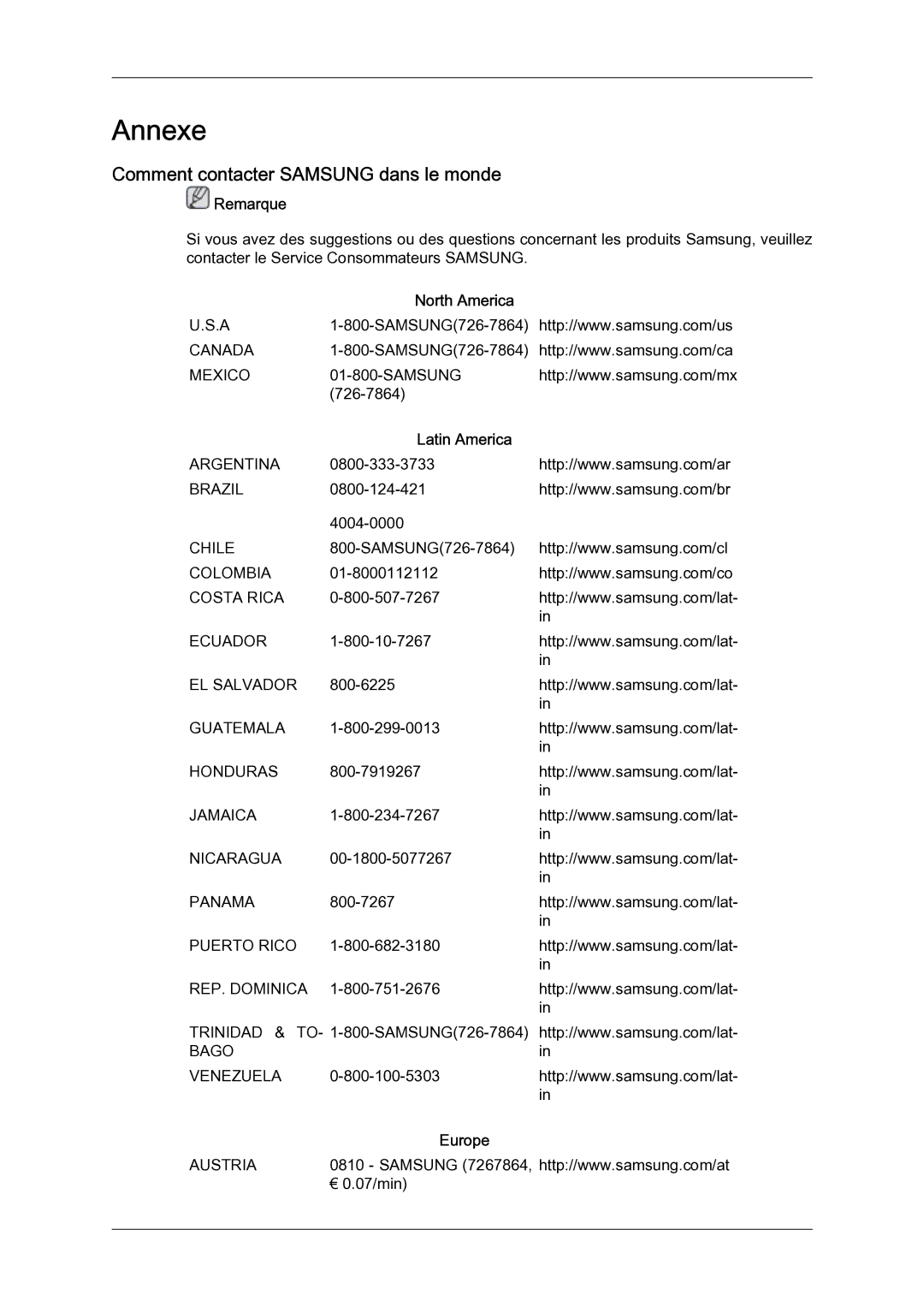 Samsung LH46BLTQWC/EN manual Annexe, Comment contacter Samsung dans le monde, North America, Latin America, Europe 