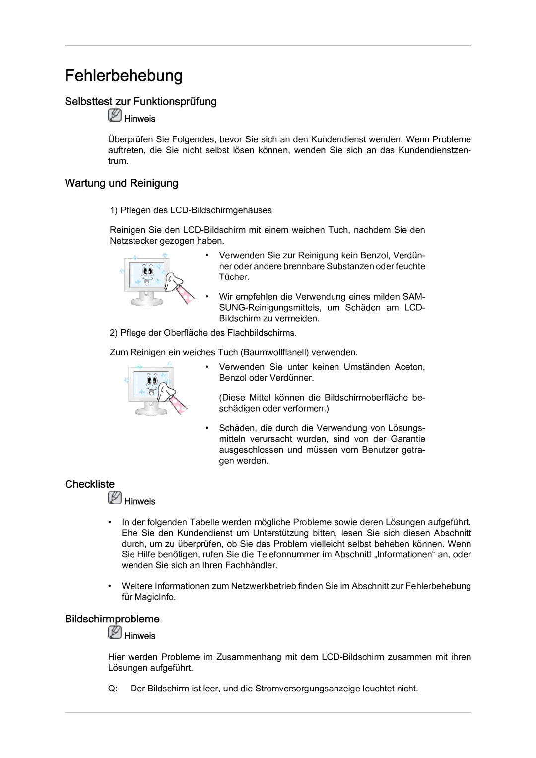 Samsung LH46BLTQWC/EN manual Selbsttest zur Funktionsprüfung, Wartung und Reinigung, Checkliste, Bildschirmprobleme 