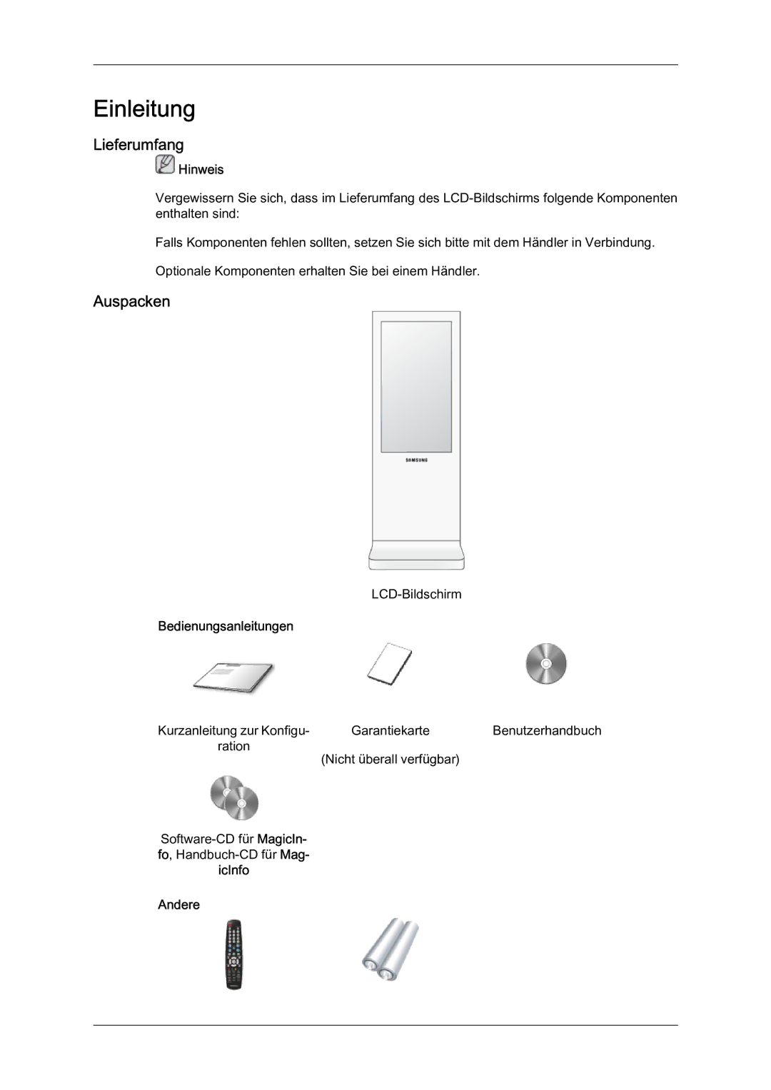 Samsung LH46BLTQWC/EN manual Lieferumfang, Auspacken, Hinweis, Bedienungsanleitungen, Andere 