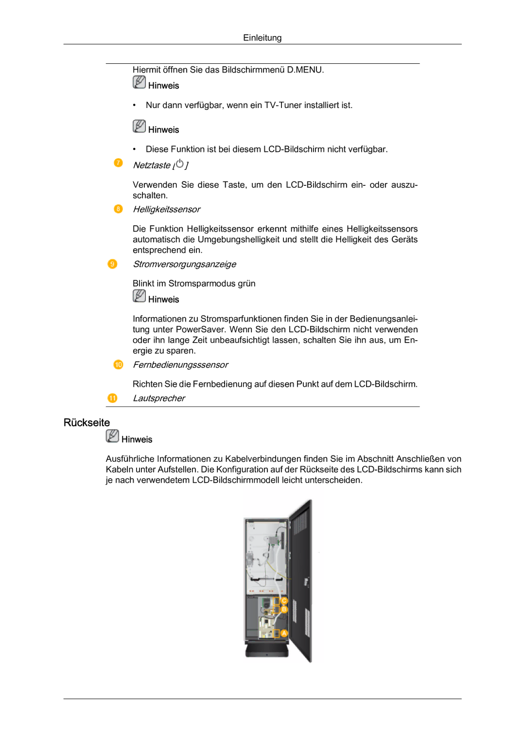 Samsung LH46BLTQWC/EN manual Rückseite, Helligkeitssensor 