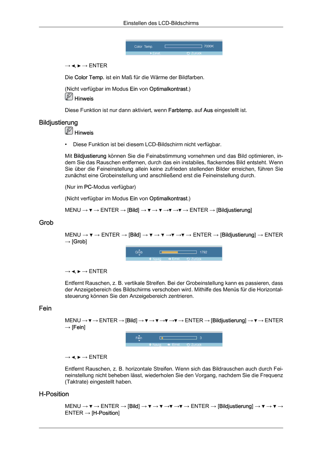 Samsung LH46BLTQWC/EN manual Bildjustierung, Grob, Fein, Position 