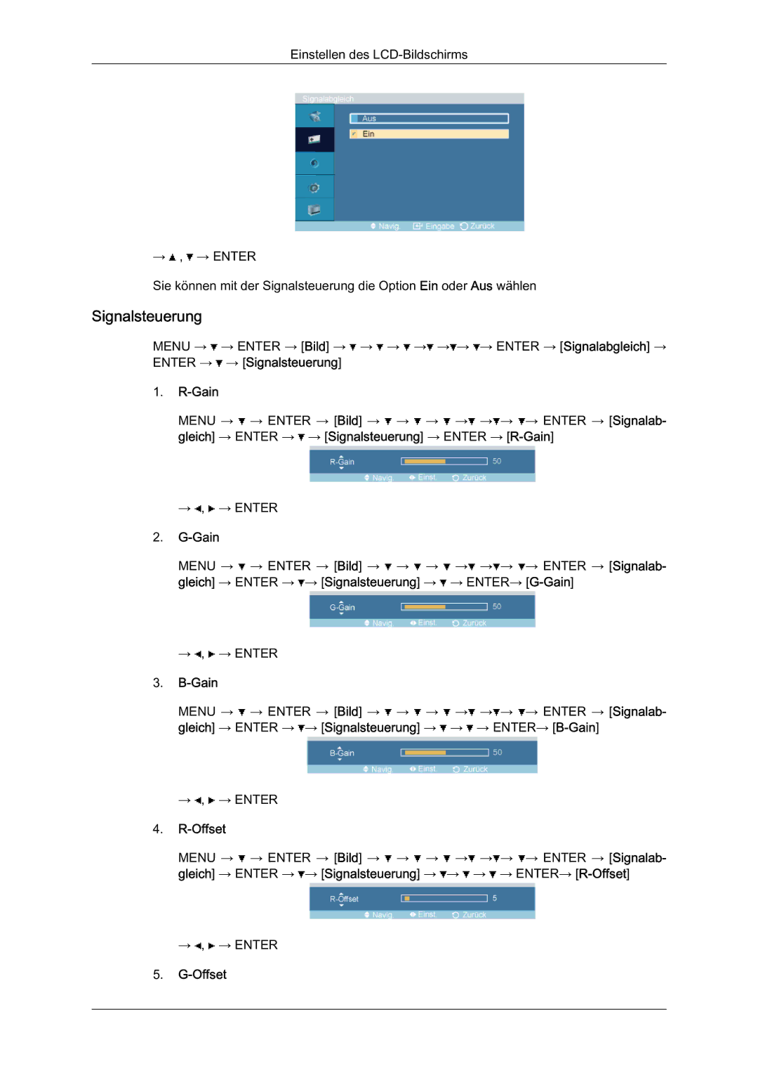 Samsung LH46BLTQWC/EN manual Signalsteuerung, Gain, Offset 