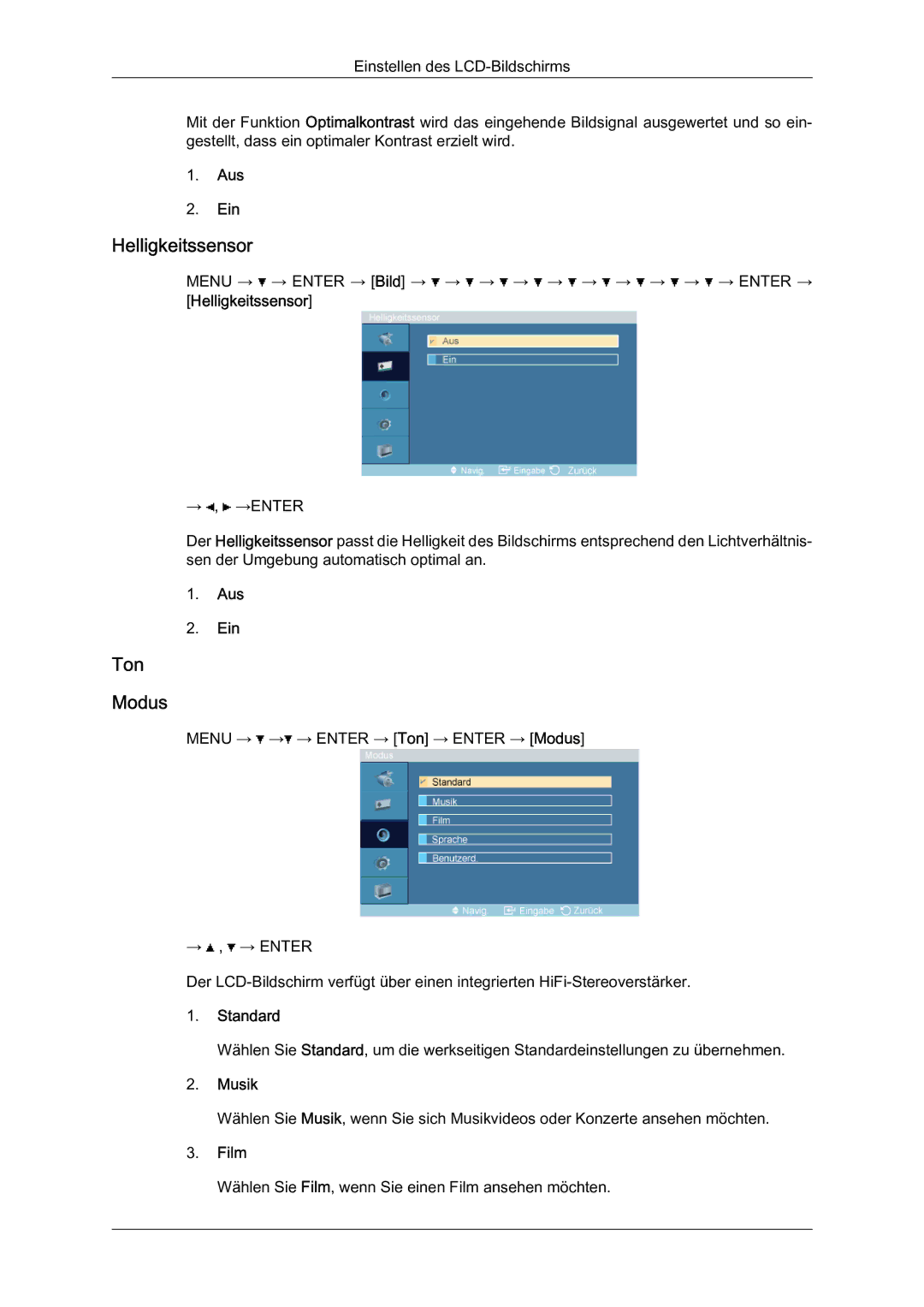 Samsung LH46BLTQWC/EN manual Helligkeitssensor, Ton Modus 