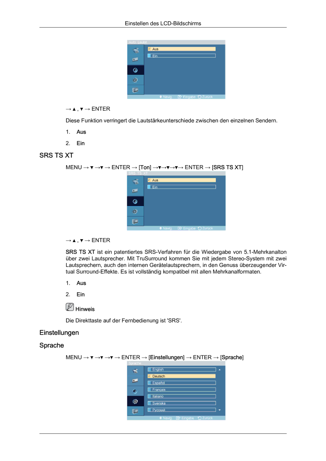 Samsung LH46BLTQWC/EN manual Einstellungen Sprache, Aus Ein Hinweis 