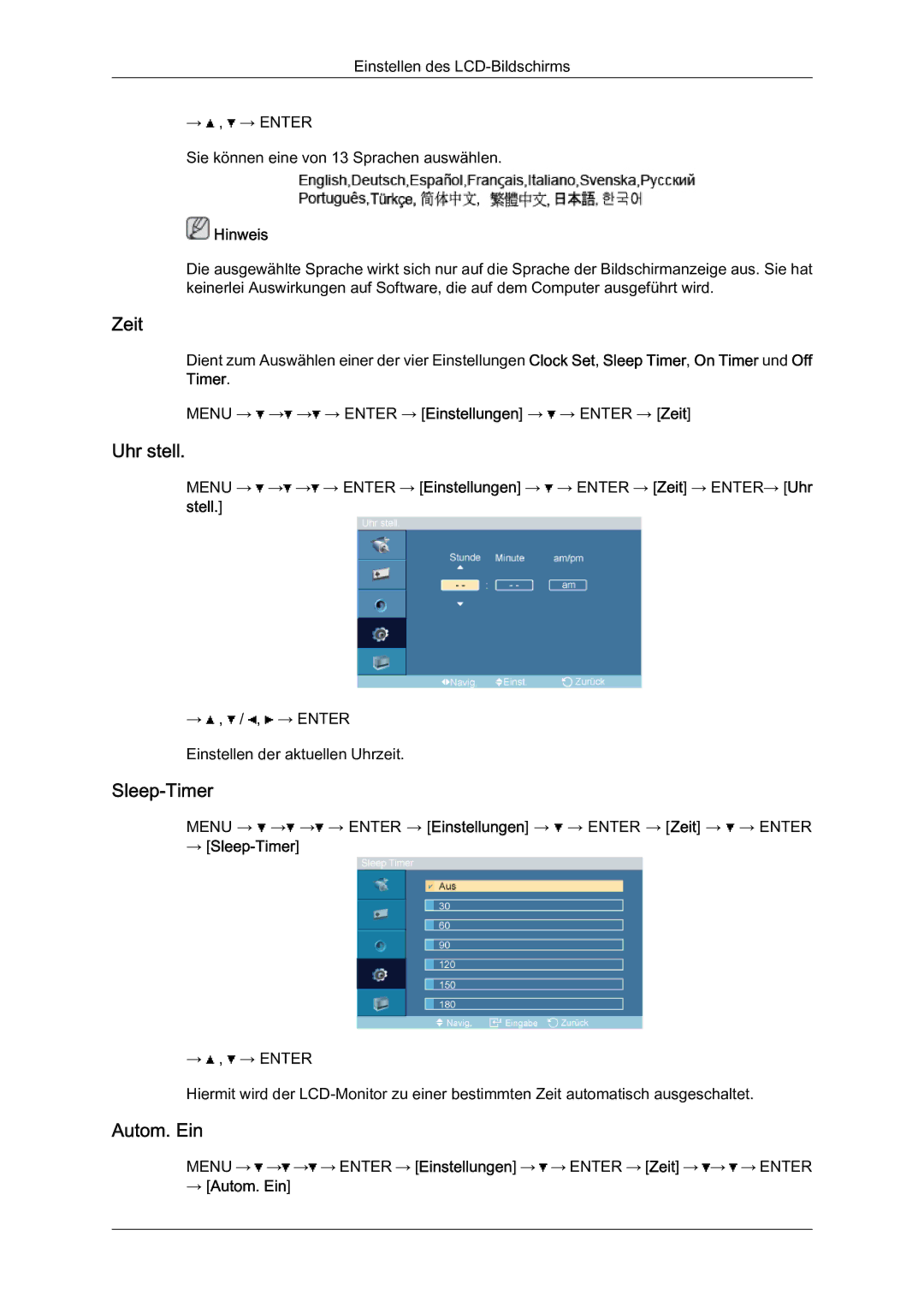 Samsung LH46BLTQWC/EN manual Zeit, Uhr stell, Sleep-Timer, Autom. Ein 