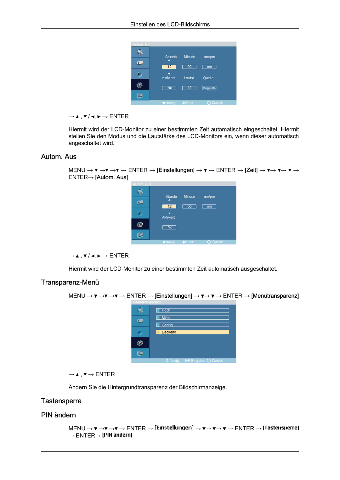 Samsung LH46BLTQWC/EN manual Autom. Aus, Transparenz-Menü, Tastensperre PIN ändern 