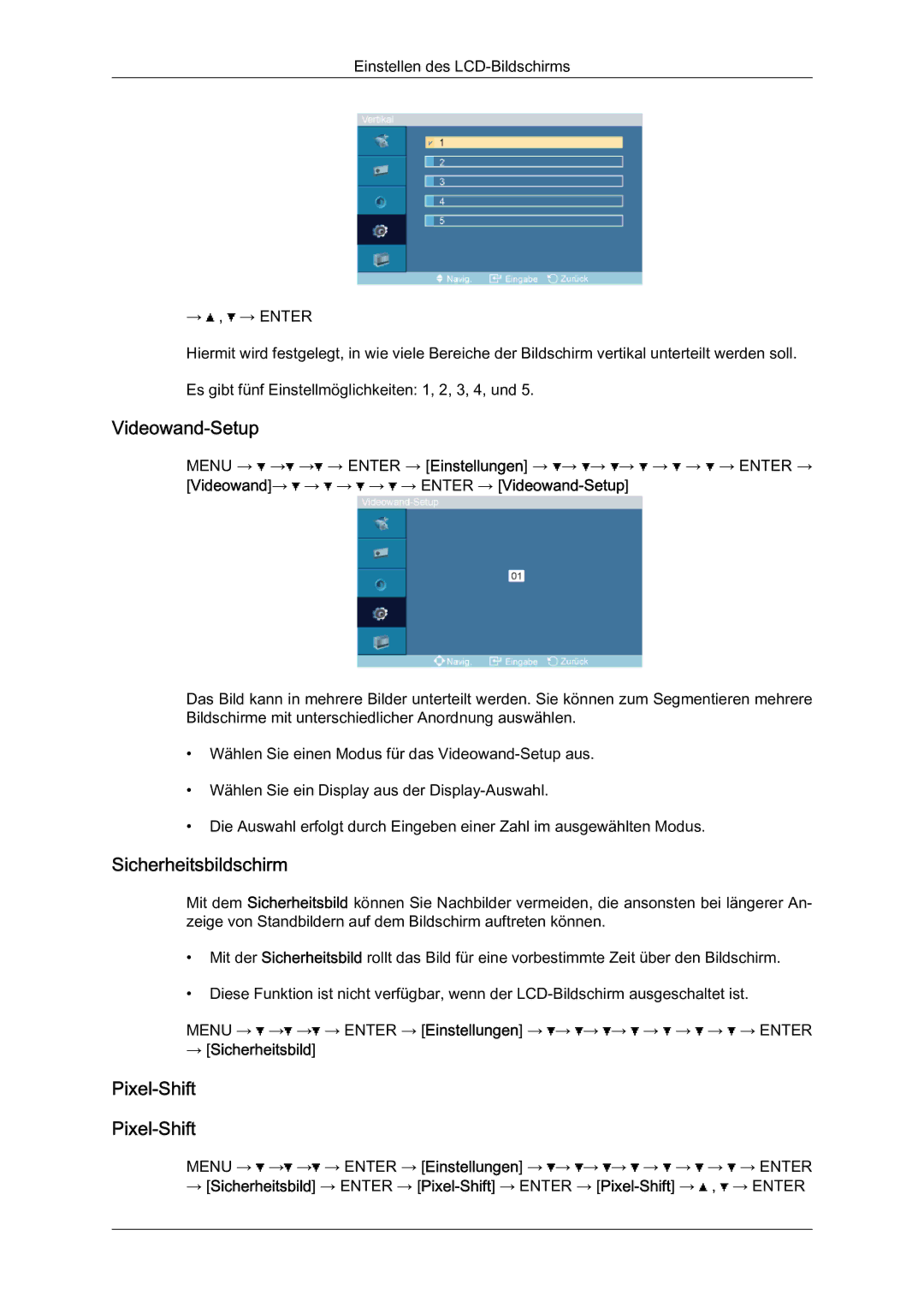 Samsung LH46BLTQWC/EN manual Videowand-Setup, Sicherheitsbildschirm, Pixel-Shift, → Sicherheitsbild 