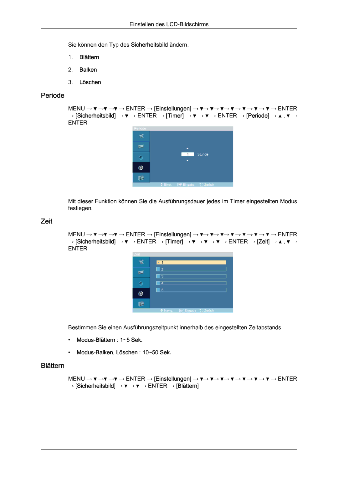 Samsung LH46BLTQWC/EN manual Periode, Blättern Balken Löschen, Modus-Blättern 1~5 Sek Modus-Balken,Löschen 10~50 Sek 