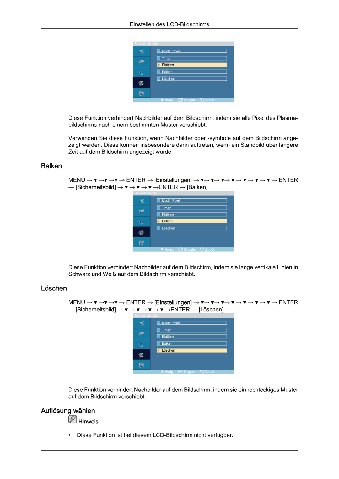 Samsung LH46BLTQWC/EN manual Löschen, Auflösung wählen, → Sicherheitsbild → → → →ENTER → Balken 