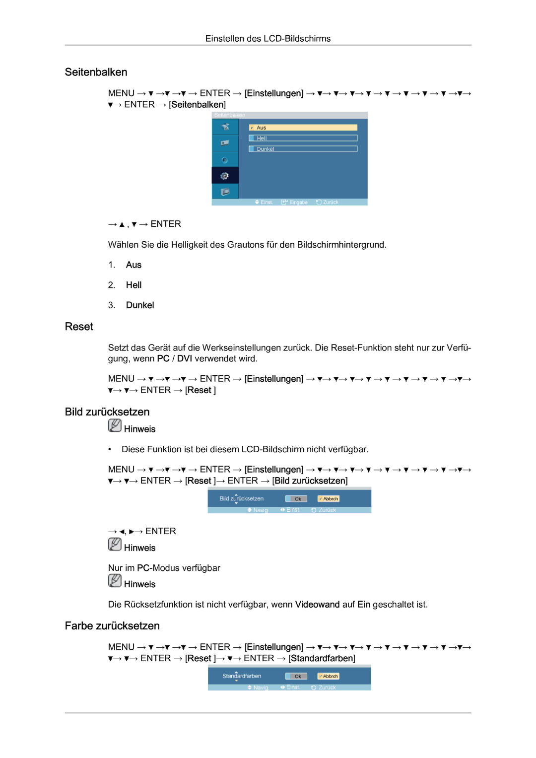 Samsung LH46BLTQWC/EN manual Seitenbalken, Reset, Bild zurücksetzen, Farbe zurücksetzen, Aus Hell Dunkel 