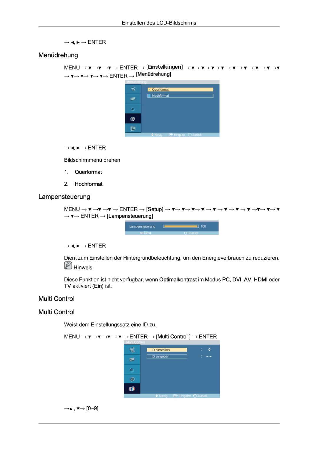 Samsung LH46BLTQWC/EN manual Menüdrehung, Multi Control, Querformat Hochformat, → → Enter → Lampensteuerung 
