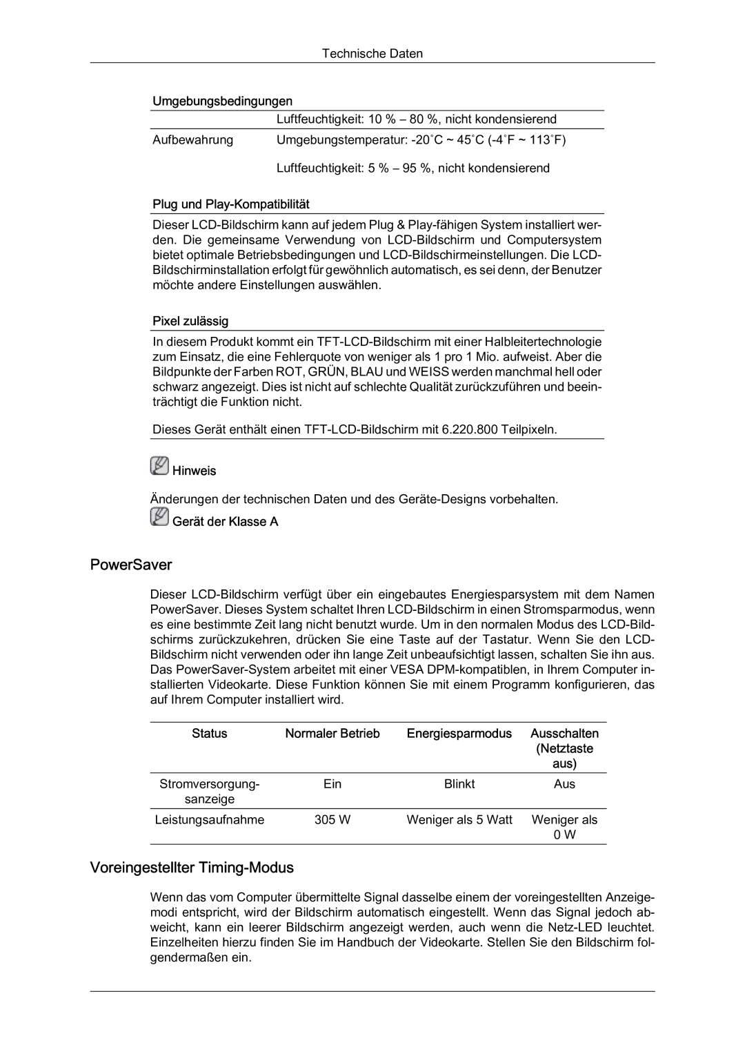 Samsung LH46BLTQWC/EN manual PowerSaver, Voreingestellter Timing-Modus, Plug und Play-Kompatibilität, Pixel zulässig 