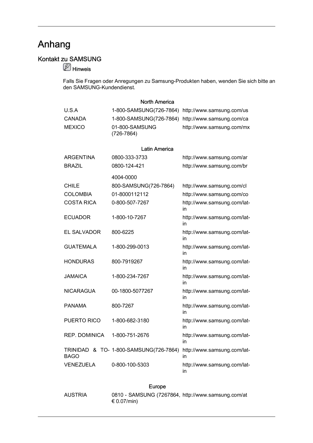 Samsung LH46BLTQWC/EN manual Anhang, Kontakt zu Samsung, North America, Latin America, Europe 