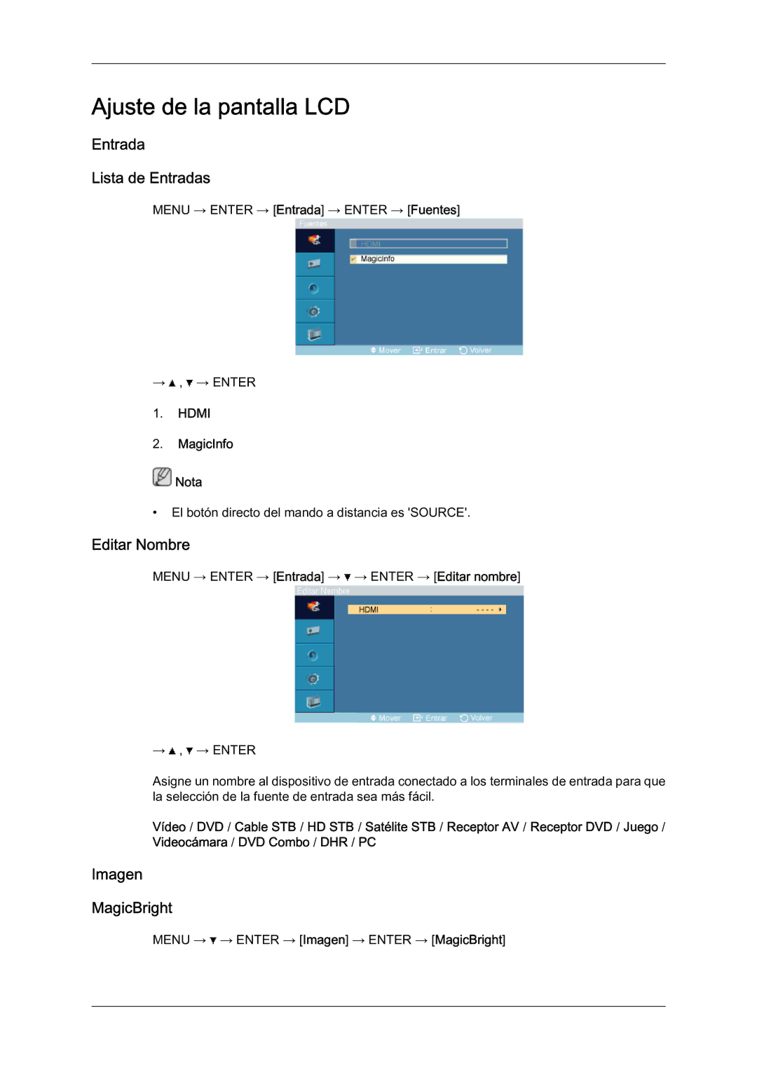 Samsung LH46BLTQWC/EN manual Ajuste de la pantalla LCD, Entrada Lista de Entradas, Editar Nombre, Imagen MagicBright 