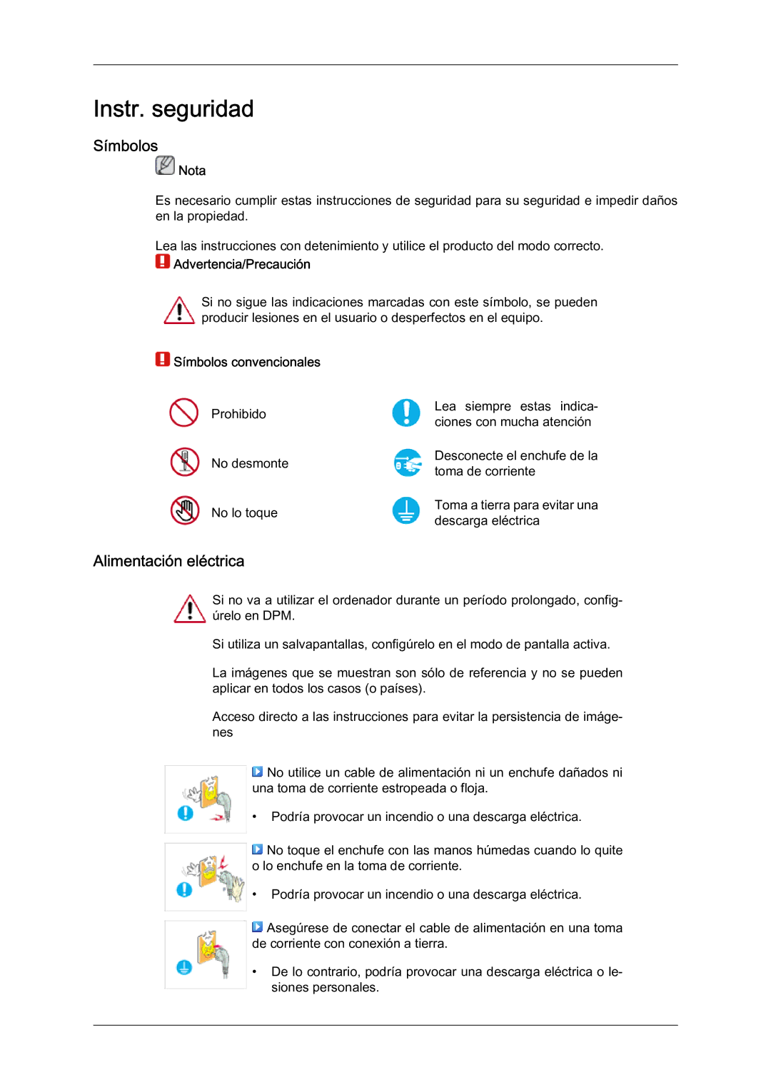 Samsung LH46BLTQWC/EN manual Instr. seguridad, Símbolos, Alimentación eléctrica 