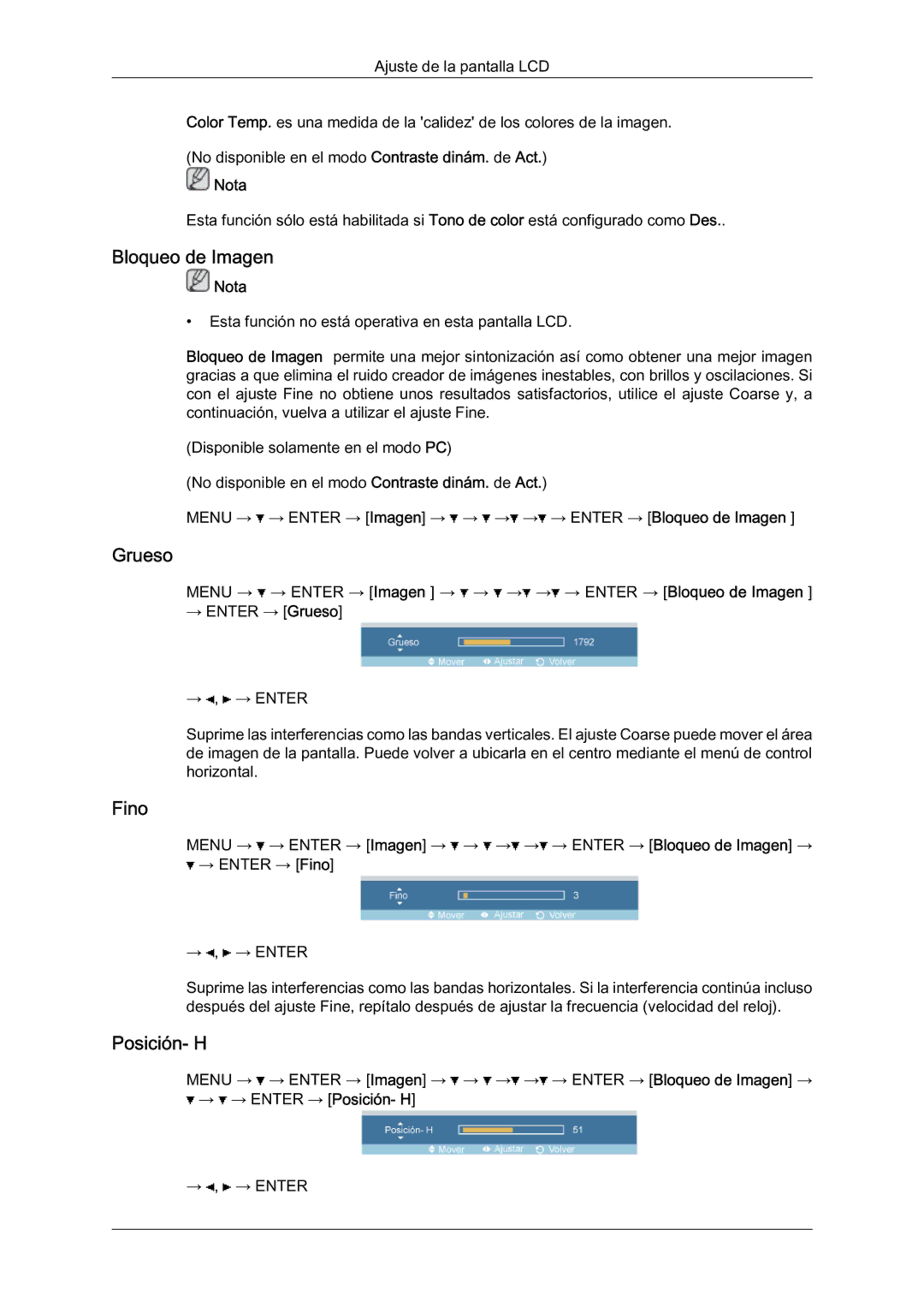 Samsung LH46BLTQWC/EN manual Bloqueo de Imagen, Grueso, Fino, Posición- H 