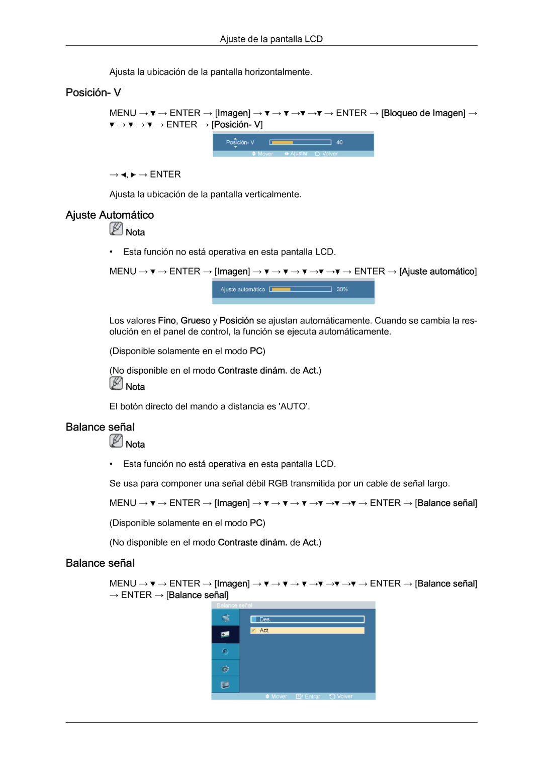 Samsung LH46BLTQWC/EN manual Posición, Ajuste Automático, → Enter → Balance señal 