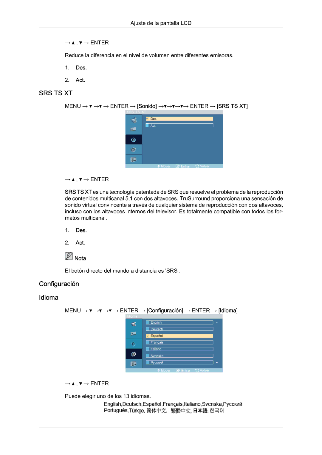 Samsung LH46BLTQWC/EN manual Configuración Idioma, Des Act Nota 