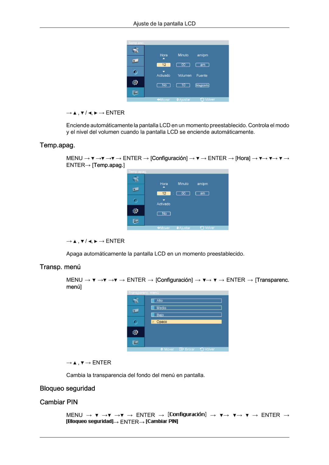 Samsung LH46BLTQWC/EN manual Transp. menú, Bloqueo seguridad Cambiar PIN, ENTER→ Temp.apag 