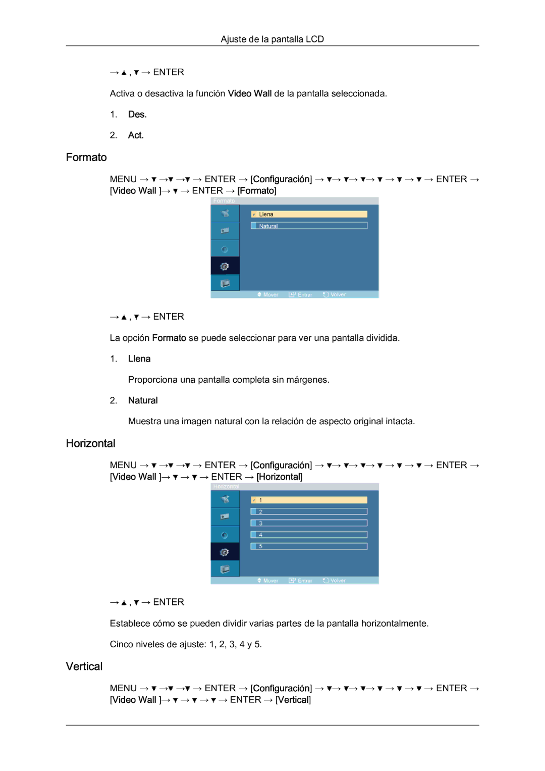 Samsung LH46BLTQWC/EN manual Formato, Horizontal, Vertical, Llena, Natural 