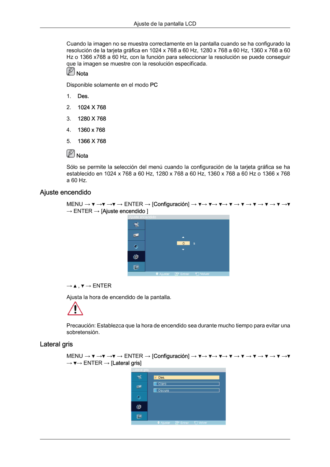 Samsung LH46BLTQWC/EN manual Lateral gris, Des 1024 X 1280 X 1360 x 1366 X Nota, → Enter → Ajuste encendido 