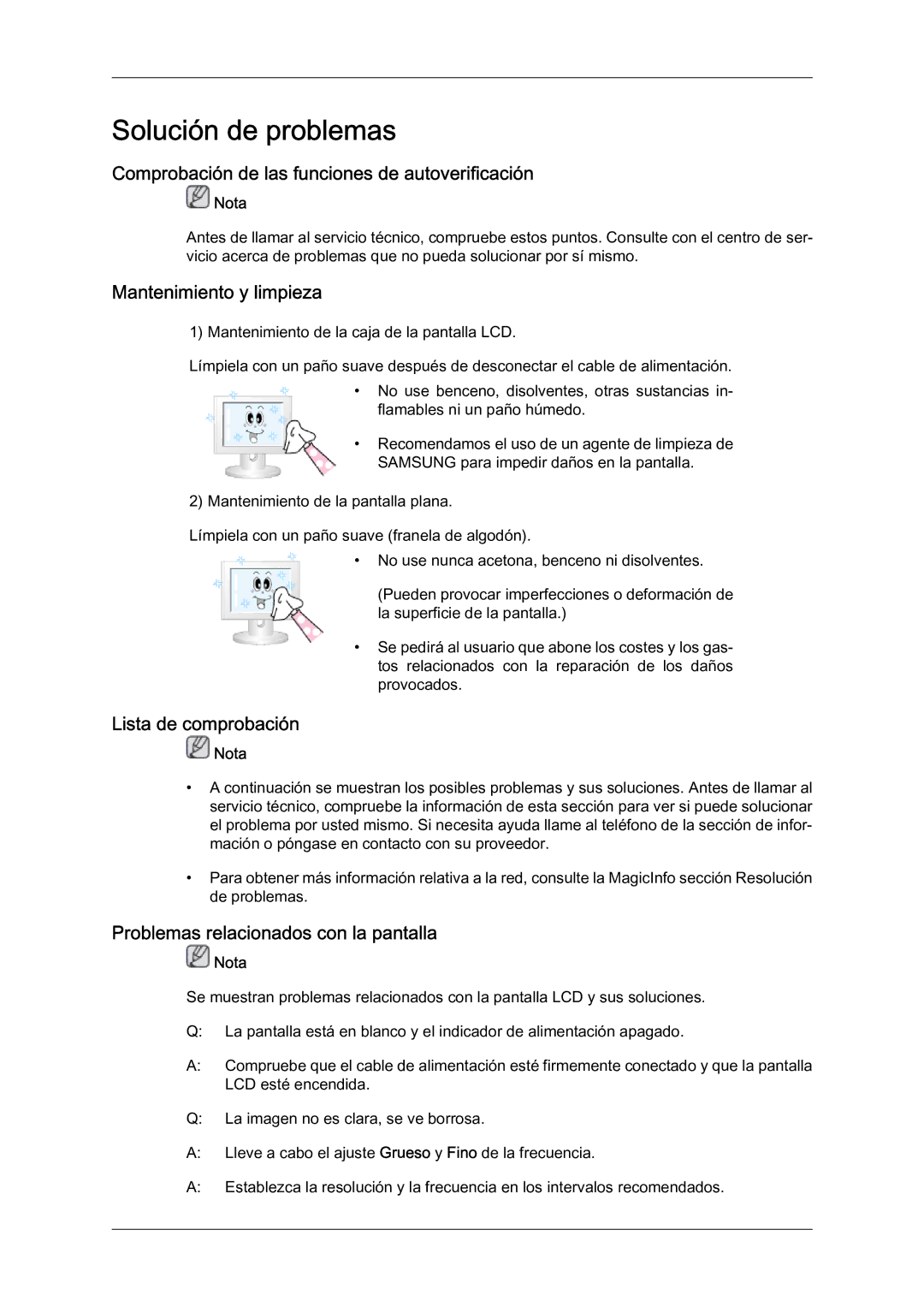 Samsung LH46BLTQWC/EN Solución de problemas, Comprobación de las funciones de autoverificación, Mantenimiento y limpieza 