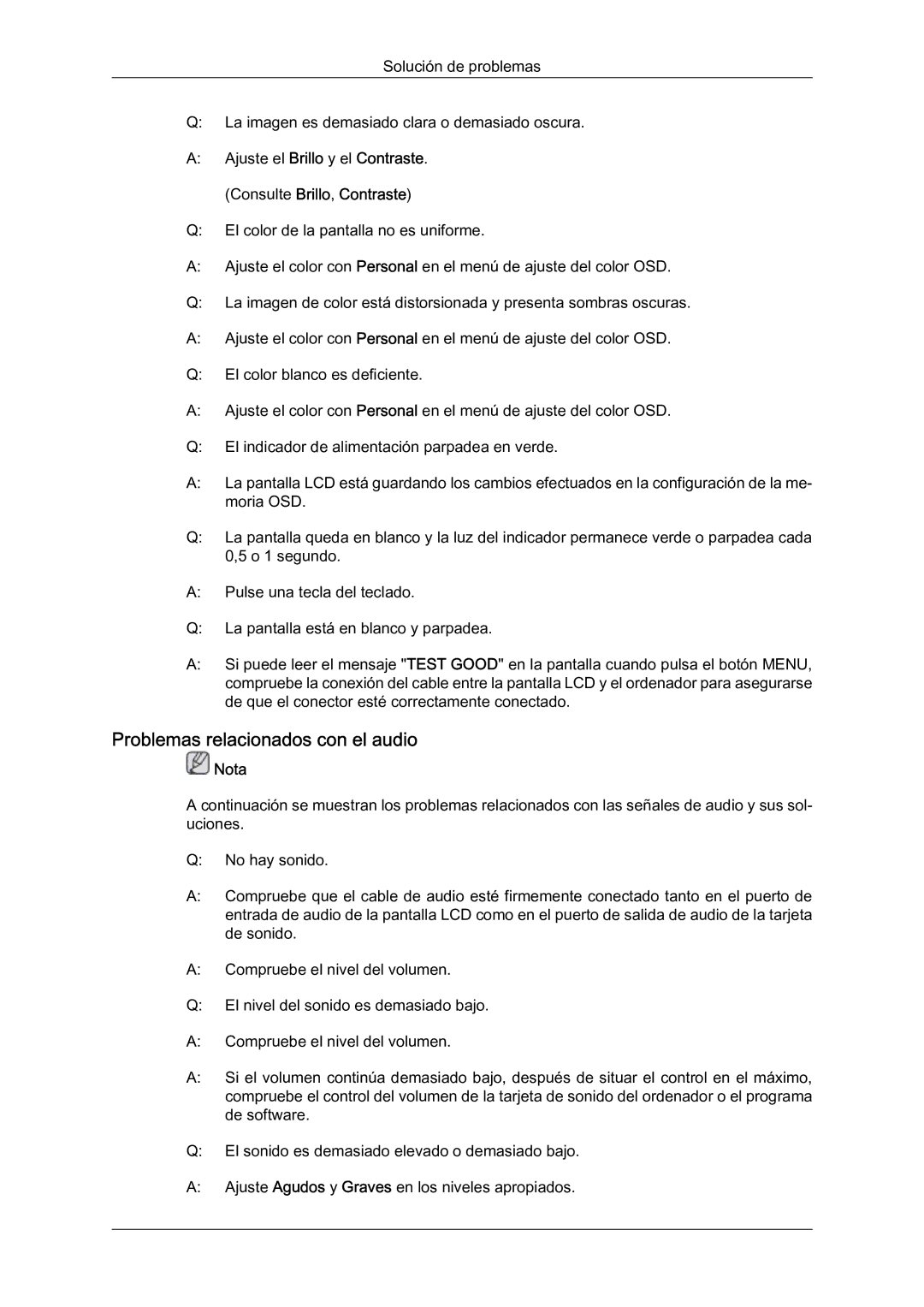 Samsung LH46BLTQWC/EN manual Problemas relacionados con el audio, Consulte Brillo, Contraste 