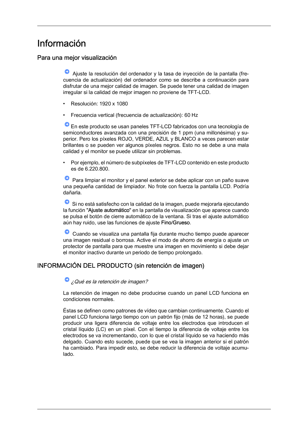 Samsung LH46BLTQWC/EN manual Para una mejor visualización, Información DEL Producto sin retención de imagen 