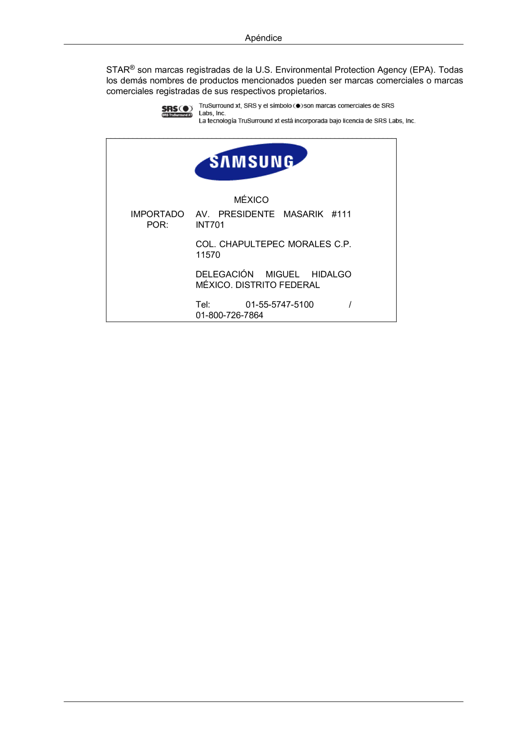 Samsung LH46BLTQWC/EN manual Tel 01-55-5747-5100 01-800-726-7864 