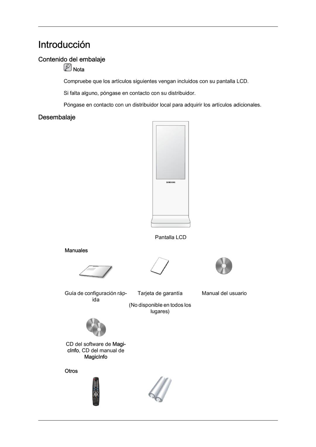 Samsung LH46BLTQWC/EN manual Introducción, Contenido del embalaje, Desembalaje, Manuales, MagicInfo Otros 