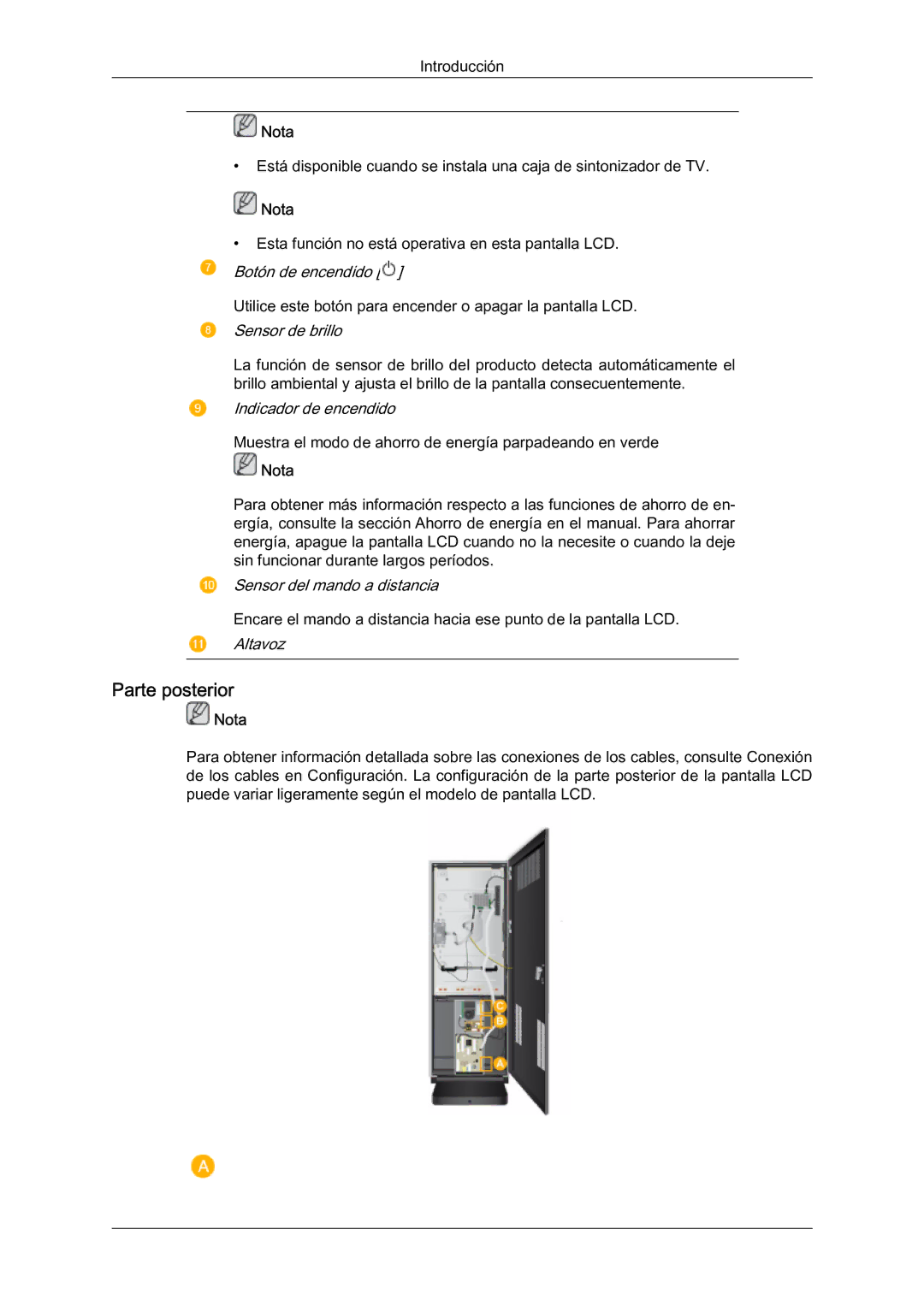 Samsung LH46BLTQWC/EN manual Parte posterior, Sensor de brillo 