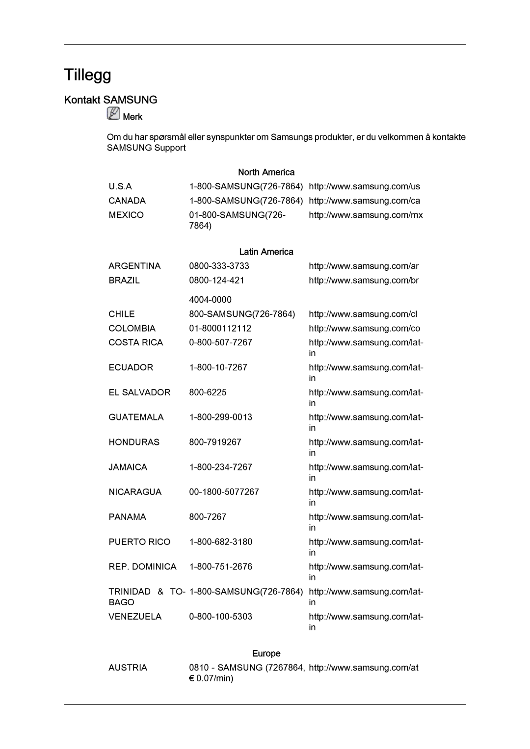 Samsung LH40BVPLBF/EN, LH46BVPLBF/EN, LH40BVTLBC/EN, LH46BVTLBC/EN Kontakt Samsung, North America, Latin America, Europe 