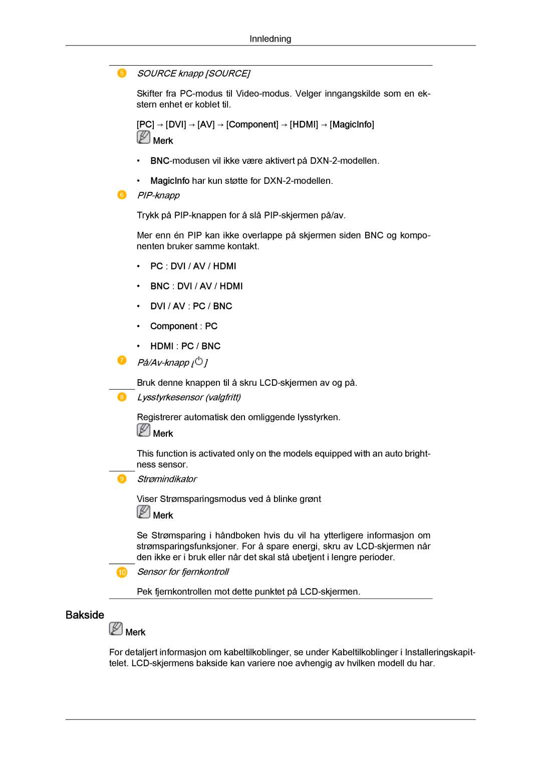 Samsung LH46BVPLBF/EN, LH40BVTLBC/EN manual Bakside, PC → DVI → AV → Component → Hdmi → MagicInfo Merk, PC DVI / AV / Hdmi 