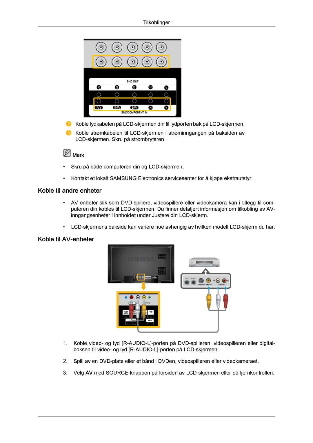 Samsung LH40BVPLSF/EN, LH46BVPLBF/EN, LH40BVTLBC/EN, LH40BVPLBF/EN manual Koble til andre enheter, Koble til AV‐enheter 