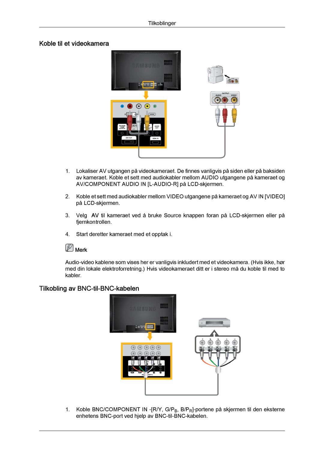 Samsung LH46BVPLSF/EN, LH46BVPLBF/EN, LH40BVTLBC/EN manual Koble til et videokamera, Tilkobling av BNC‐til‐BNC‐kabelen 