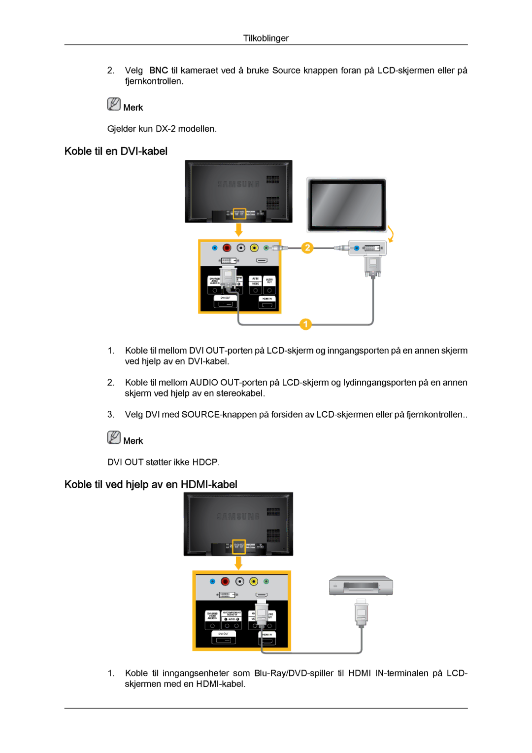 Samsung LH46BVPLBF/EN, LH40BVTLBC/EN, LH40BVPLBF/EN manual Koble til en DVI‐kabel, Koble til ved hjelp av en HDMI‐kabel 