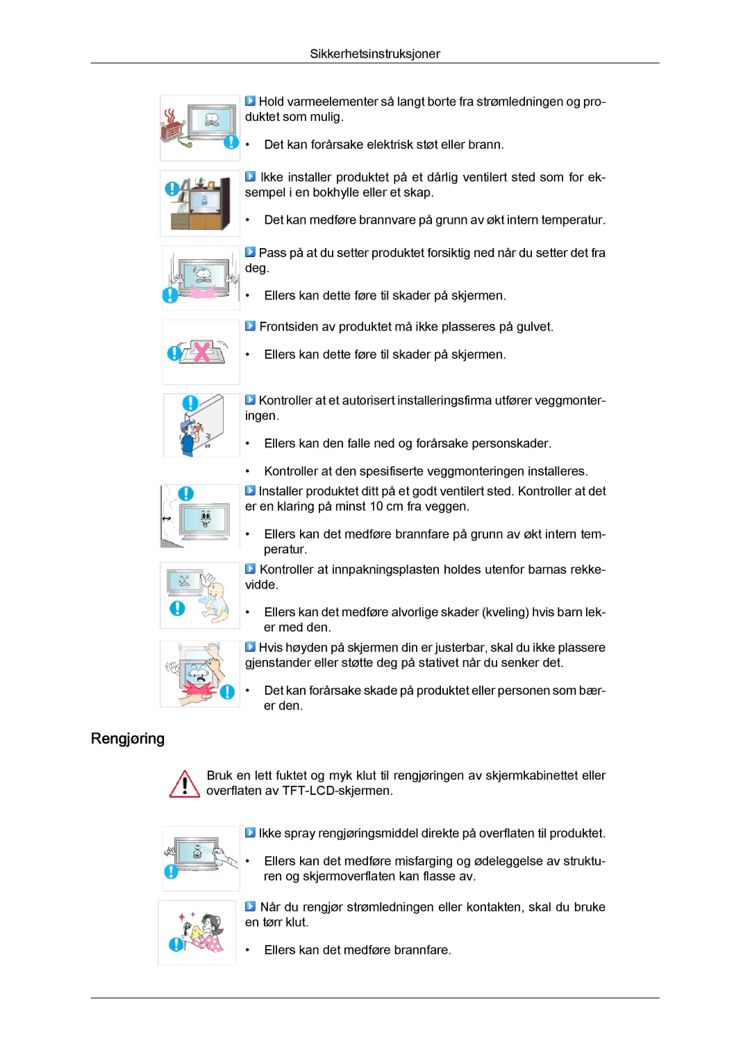 Samsung LH40BVPLSF/EN, LH46BVPLBF/EN, LH40BVTLBC/EN, LH40BVPLBF/EN, LH46BVTLBC/EN, LH46BVPLSF/EN manual Rengjøring 