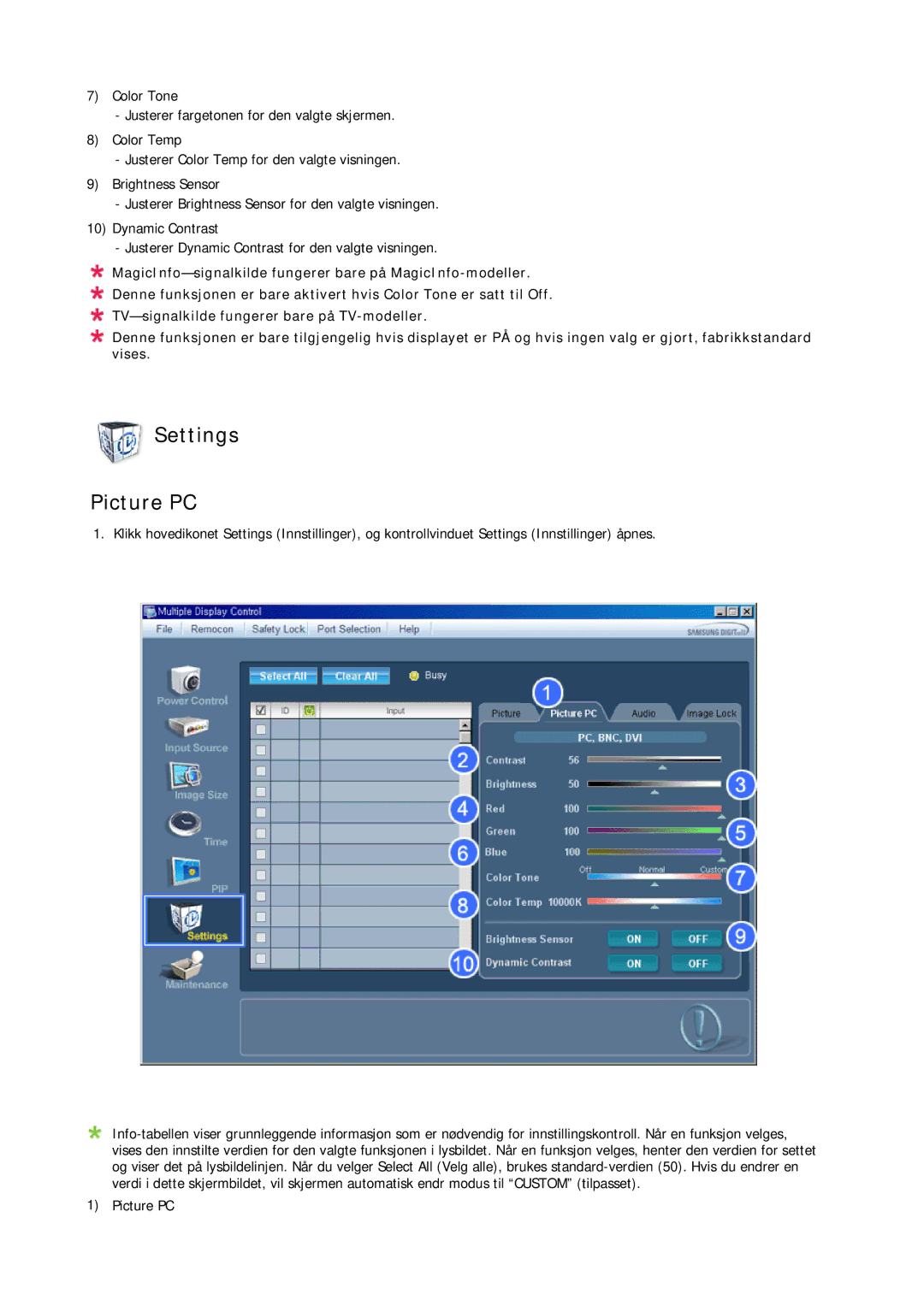 Samsung LH40BVPLSF/EN, LH46BVPLBF/EN, LH40BVTLBC/EN, LH40BVPLBF/EN, LH46BVTLBC/EN, LH46BVPLSF/EN manual Settings Picture PC 