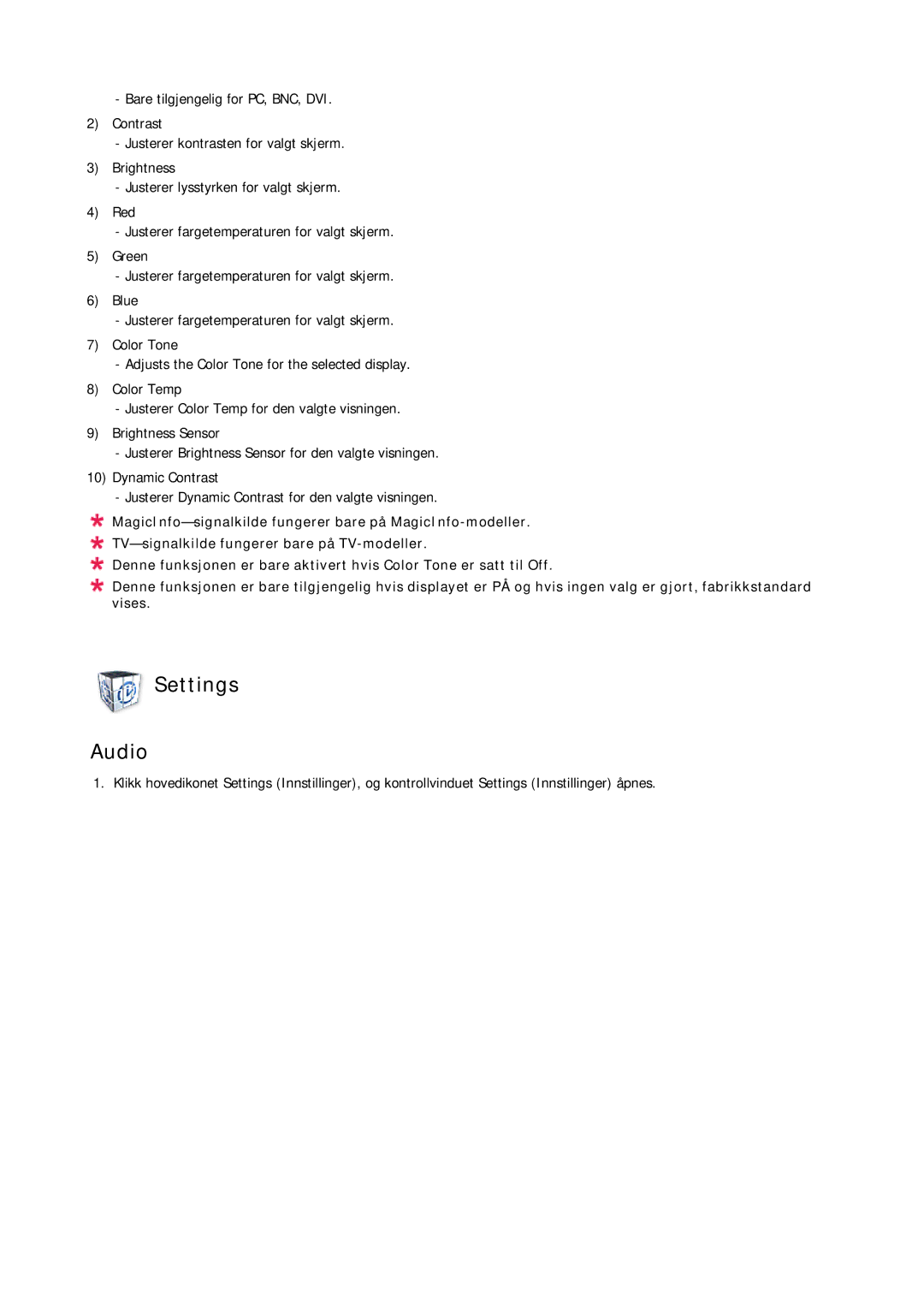 Samsung LH46BVPLSF/EN, LH46BVPLBF/EN, LH40BVTLBC/EN, LH40BVPLBF/EN, LH46BVTLBC/EN, LH40BVPLSF/EN manual Settings Audio 