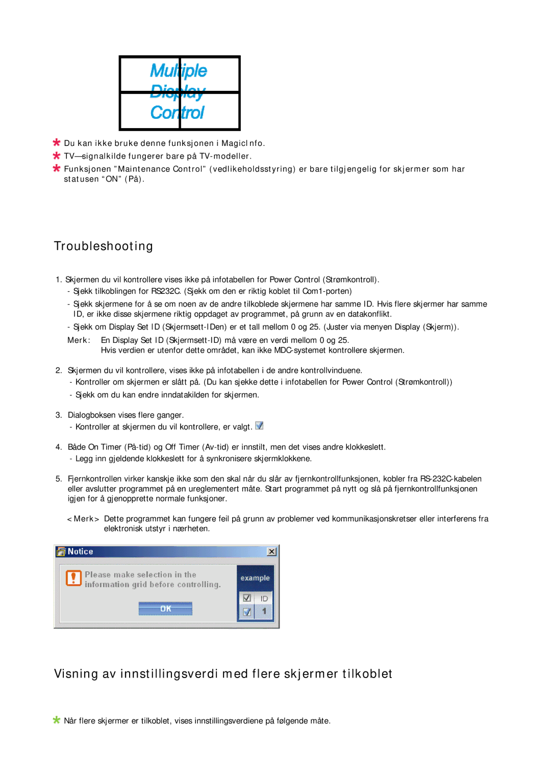 Samsung LH46BVPLSF/EN, LH46BVPLBF/EN manual Troubleshooting, Visning av innstillingsverdi med flere skjermer tilkoblet 