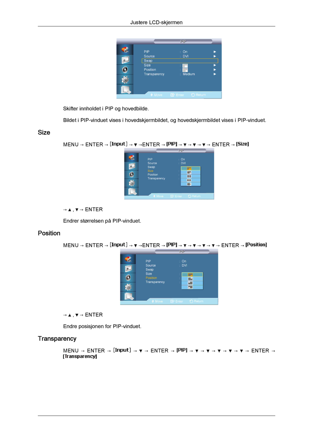 Samsung LH46BVTLBC/EN, LH46BVPLBF/EN, LH40BVTLBC/EN, LH40BVPLBF/EN, LH40BVPLSF/EN, LH46BVPLSF/EN Size, Position, Transparency 