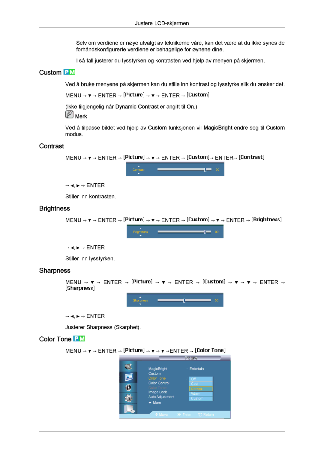 Samsung LH46BVPLBF/EN, LH40BVTLBC/EN, LH40BVPLBF/EN, LH46BVTLBC/EN manual Custom, Contrast, Brightness, Sharpness, Color Tone 