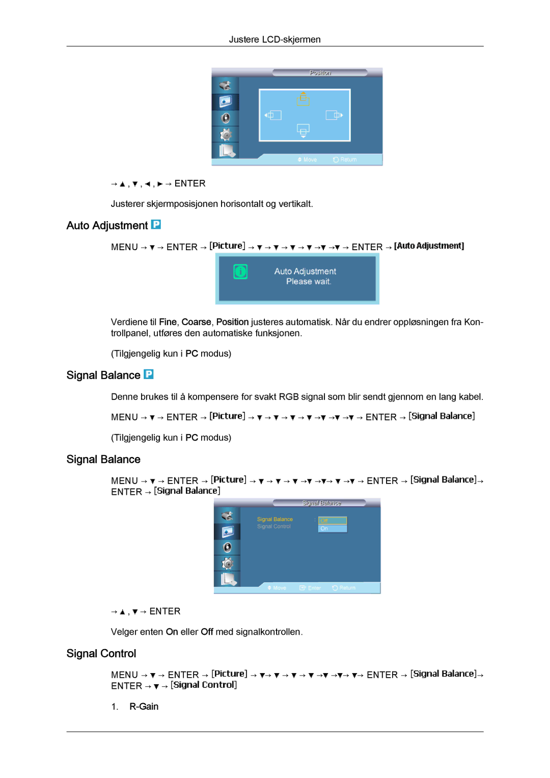 Samsung LH46BVTLBC/EN, LH46BVPLBF/EN, LH40BVTLBC/EN, LH40BVPLBF/EN Auto Adjustment, Signal Balance, Signal Control, ‐Gain 