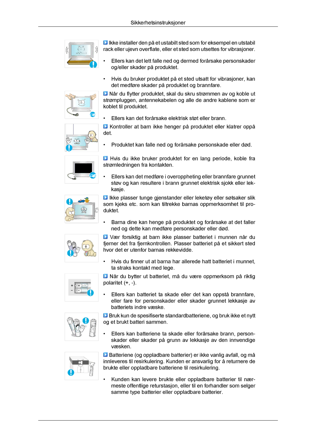 Samsung LH40BVTLBC/EN, LH46BVPLBF/EN, LH40BVPLBF/EN, LH46BVTLBC/EN, LH40BVPLSF/EN, LH46BVPLSF/EN manual Sikkerhetsinstruksjoner 