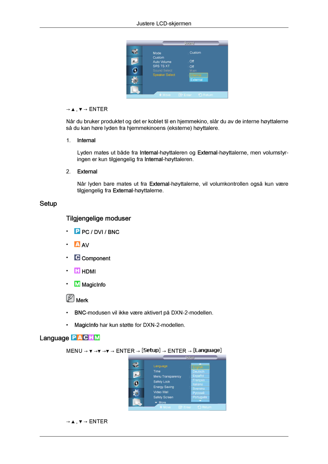 Samsung LH46BVPLBF/EN, LH40BVTLBC/EN, LH40BVPLBF/EN, LH46BVTLBC/EN Setup Tilgjengelige moduser, Language, Internal, External 