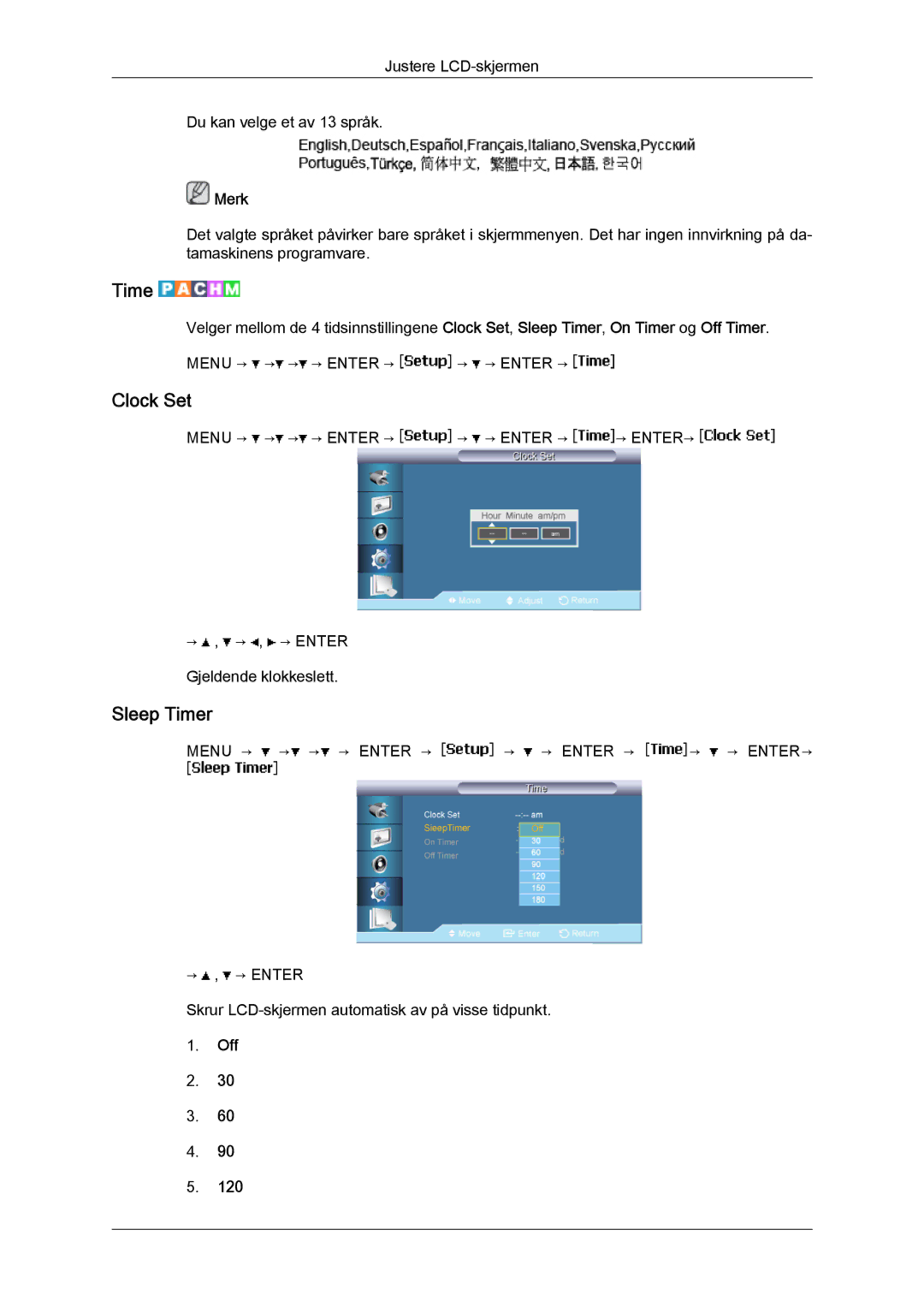 Samsung LH40BVTLBC/EN, LH46BVPLBF/EN, LH40BVPLBF/EN, LH46BVTLBC/EN, LH40BVPLSF/EN, LH46BVPLSF/EN Clock Set, Sleep Timer 