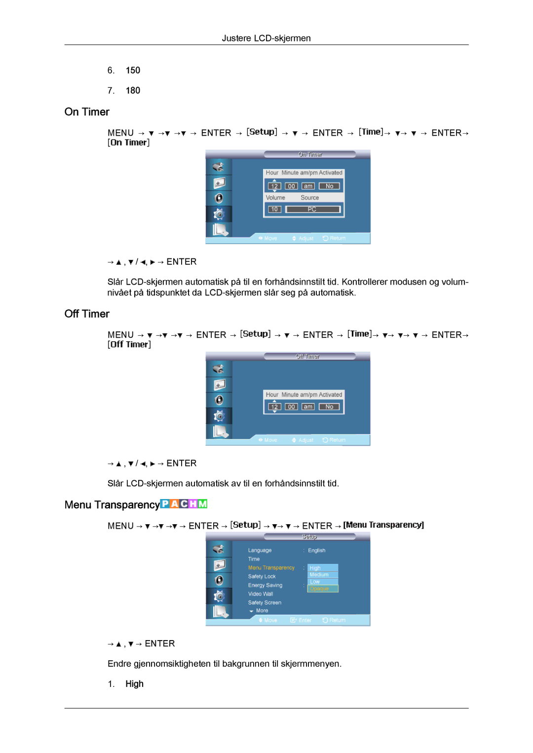 Samsung LH40BVPLBF/EN, LH46BVPLBF/EN, LH40BVTLBC/EN, LH46BVTLBC/EN manual On Timer, Off Timer, Menu Transparency, High 