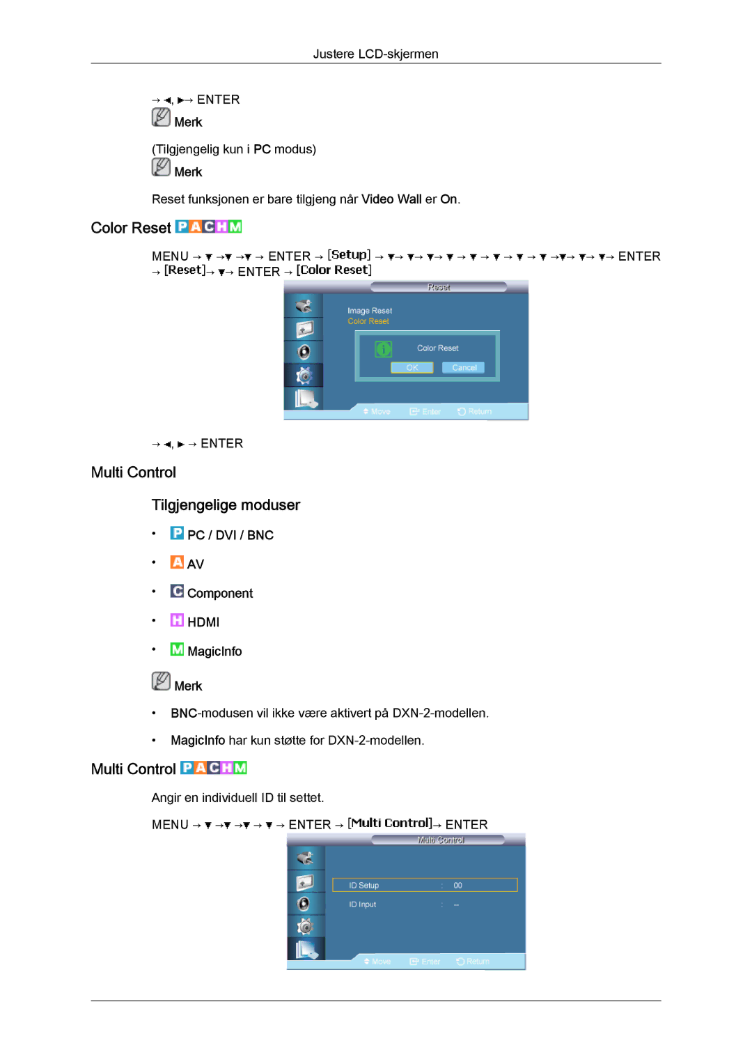 Samsung LH46BVPLBF/EN, LH40BVTLBC/EN, LH40BVPLBF/EN, LH46BVTLBC/EN manual Color Reset, Multi Control Tilgjengelige moduser 