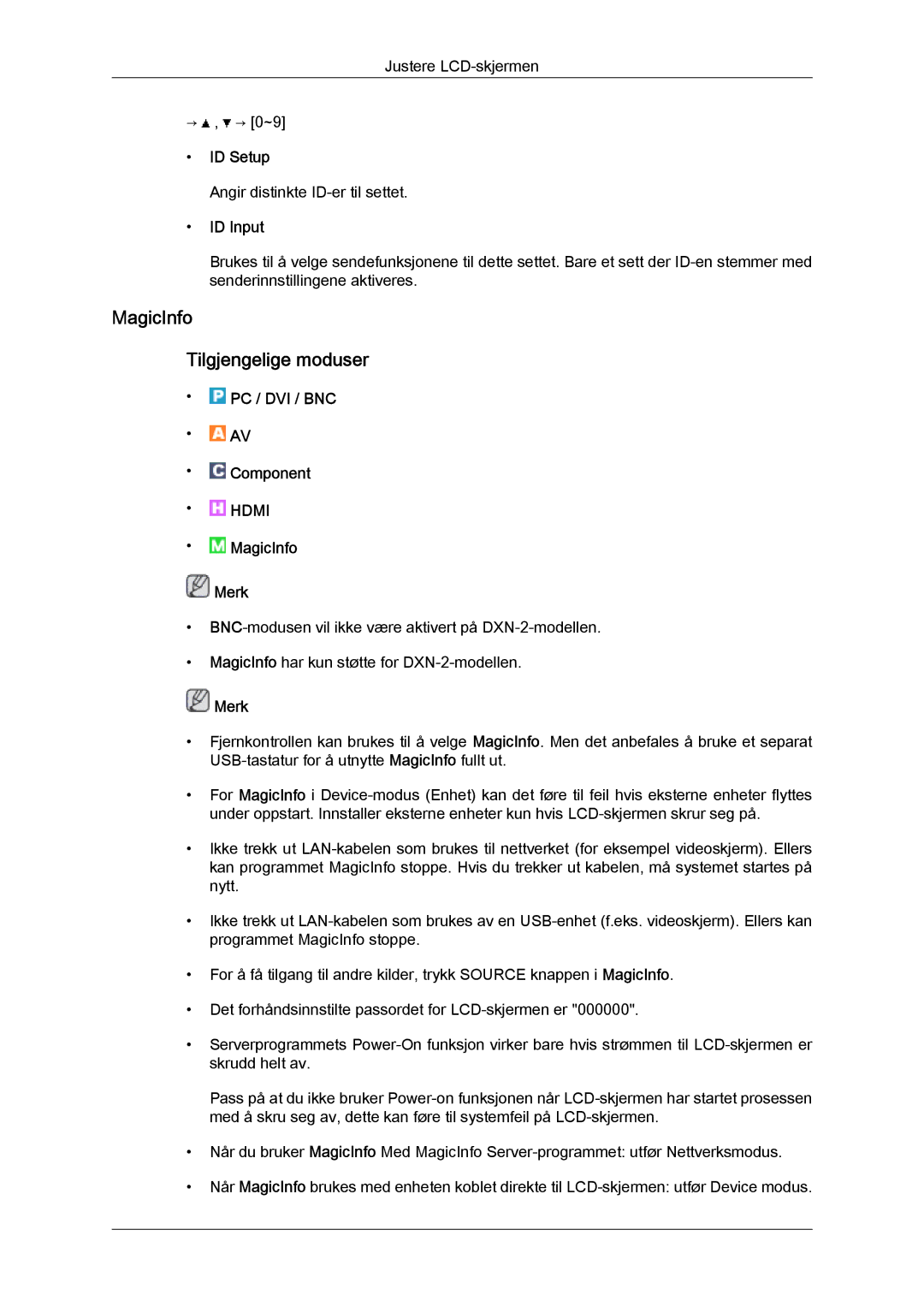 Samsung LH40BVTLBC/EN, LH46BVPLBF/EN, LH40BVPLBF/EN, LH46BVTLBC/EN manual MagicInfo Tilgjengelige moduser, ID Setup, ID Input 